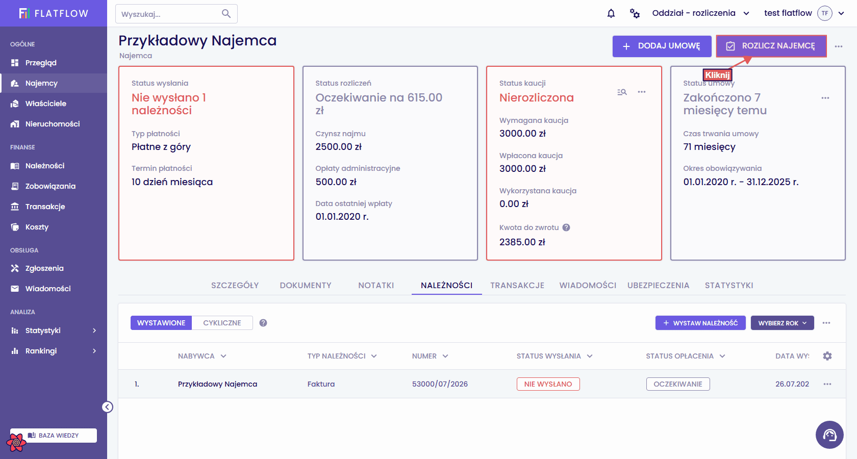 Strona najemcy z przyciskiem ROZLICZ NAJEMCĘ i kafelkiem Status kaucji po zakończeniu umowy