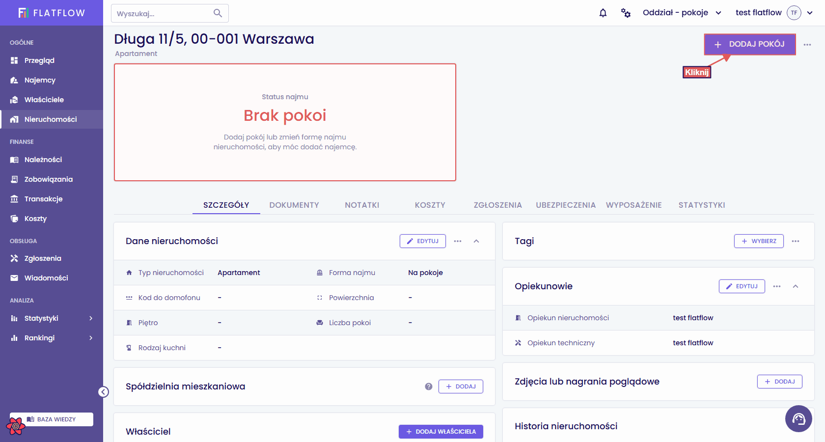 Nieruchomość na pokoje ze statusem Brak pokoi i przyciskiem Dodaj pokój
