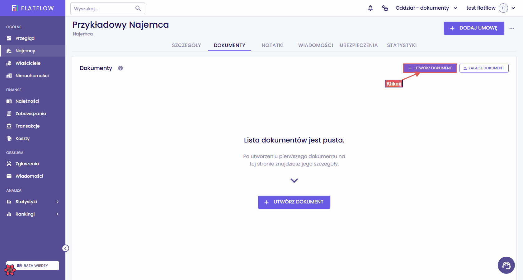 Zakładka dokumenty na stronie najemcy z przyciskiem tworzenia dokumentu