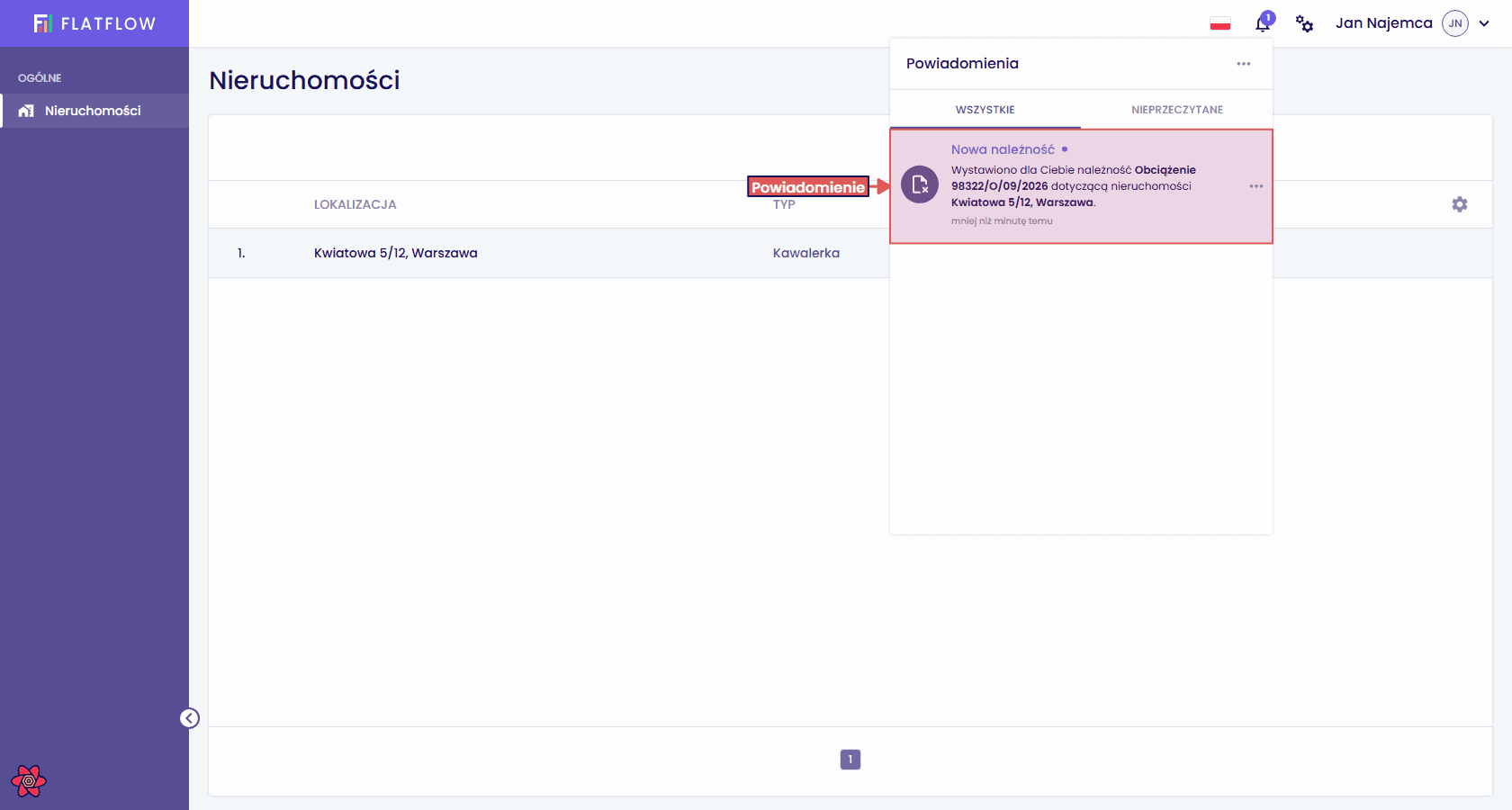 Powiadomienie o nowej należności po polsku na liście pod dzwonkiem
