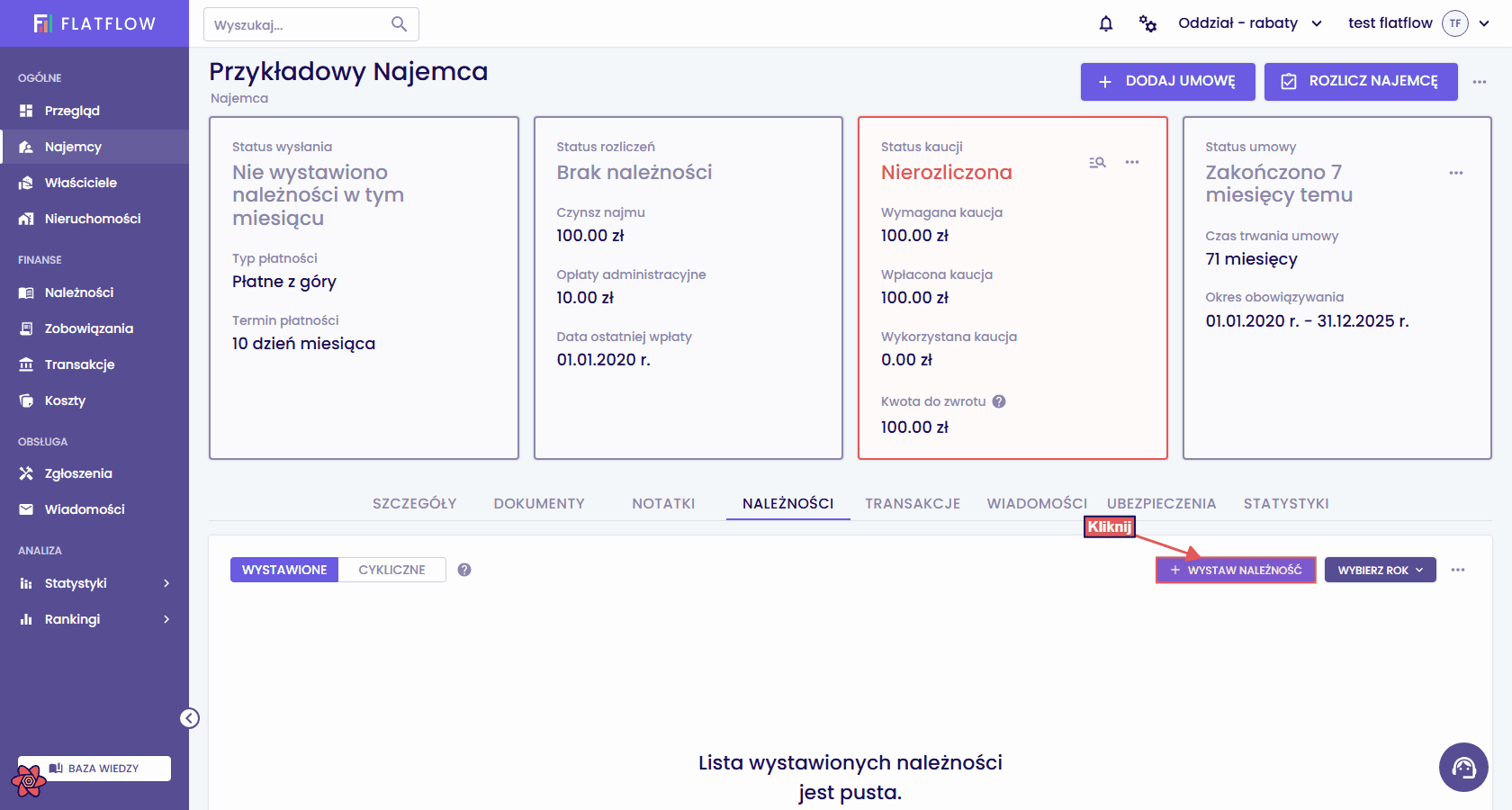 Lista należności najemcy z przyciskiem wystawiania nowej należności